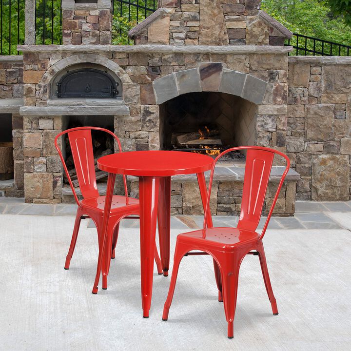 Flash Furniture Commercial Grade 24" Round Red Metal Indoor-Outdoor Table Set with 2 Cafe Chairs