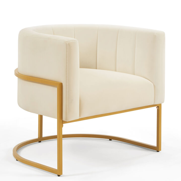 Upholstered Velvet Accent Chair with Golden Metal Stand, Mid Century Living Room Leisure Chair with Curve Backrest Cream