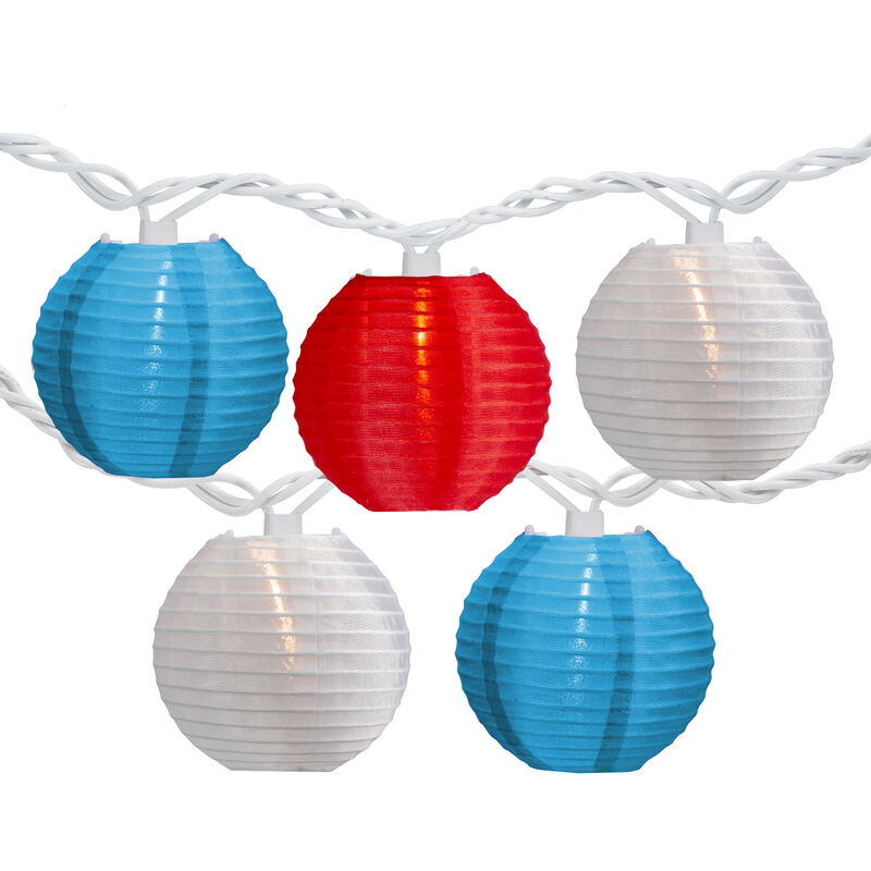 Patriotic Paper Lantern Patio Light Set - Red  White and Blue - 8.5' White Wire - 10ct image number 0