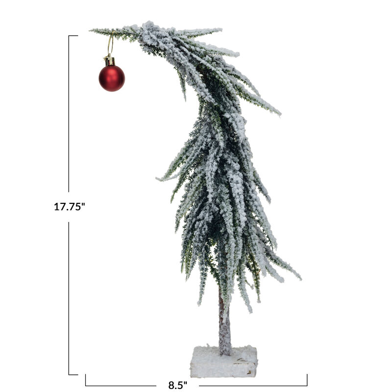 Tall Faux Evergreen Tree with Wood Base and Snow Finish, Green and Red image number 1
