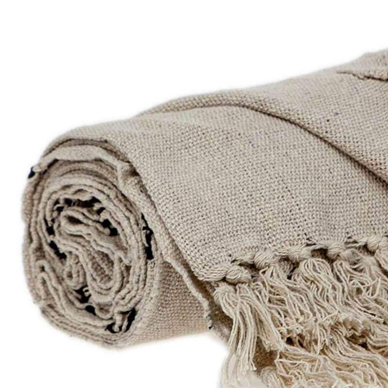 HomeRoots 52" X 67" Beige and Black Woven Cotton Striped Throw Blanket with Tassels image number 4
