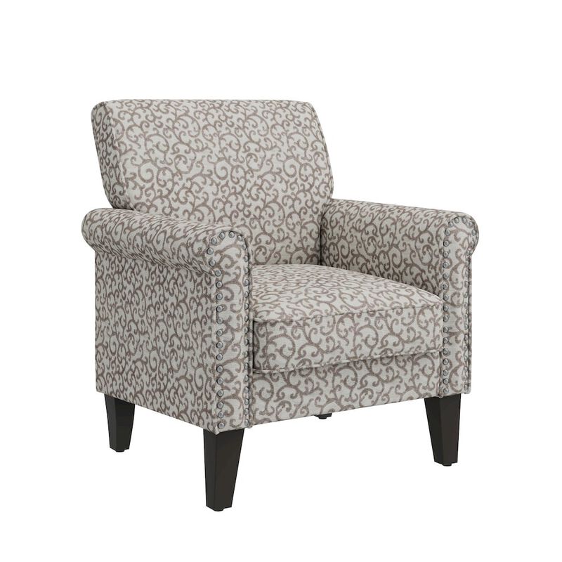 HL Home Furnishings Jean Rolled Armchairs with Nailheads in Tan Curly Vine