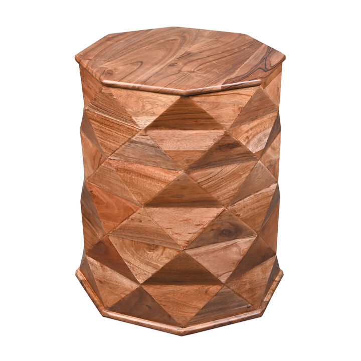 23 Inch Handcrafted Drum Side Accent Table with a Multifaceted Diamond Cut Design, Natural Brown Acacia Wood-Benzara