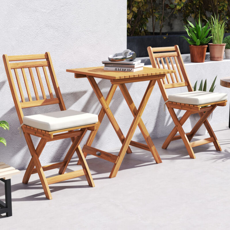 Outdoor Wood Bistro Set with Soft Seat Cushions and Table