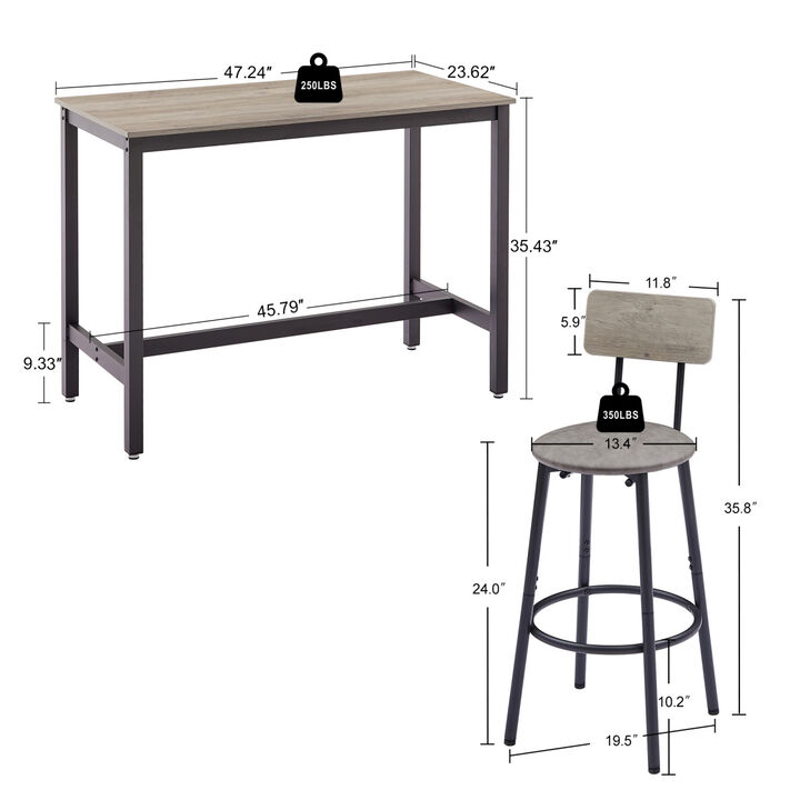 Bar Table Set with 4 Bar stools PU Soft seat with backrest, Grey, 47.24" L x 23.62" W x 35.43" H