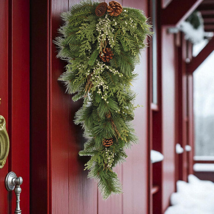Winter Greenery Wall Swag – Mixed Pine, Juniper & Pinecone Accent for Seasonal Entryways or Fireplace Mantels