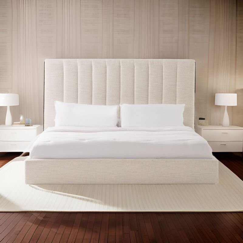 Valy Platform Queen Bed, Vertical Striped Tufted Ivory Upholstered - Benzara