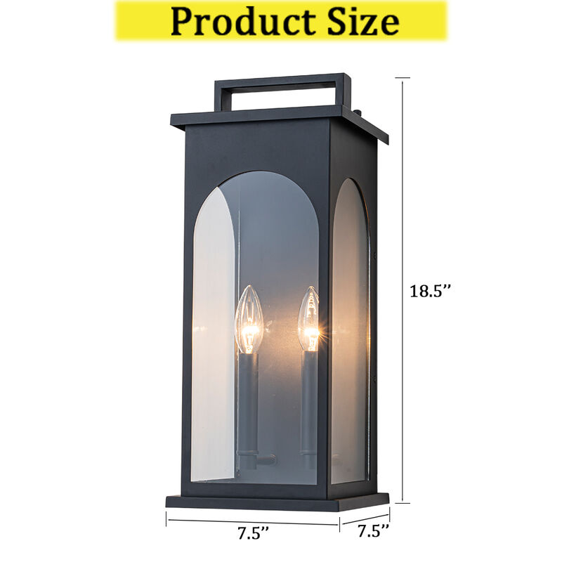 2-Light H19&rdquo; Outdoor Wall Lantern Large Black Exterior Wall Light with Clear Tempered Glass and Dusk to Dawn Sensor for Front Door, Garage & Entryway image number 6