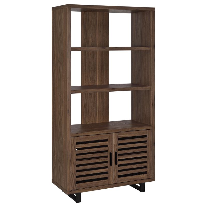 Doxx Bookcase, Slatted Cabinet, Black Open Frame Legs, Walnut Brown - Benzara