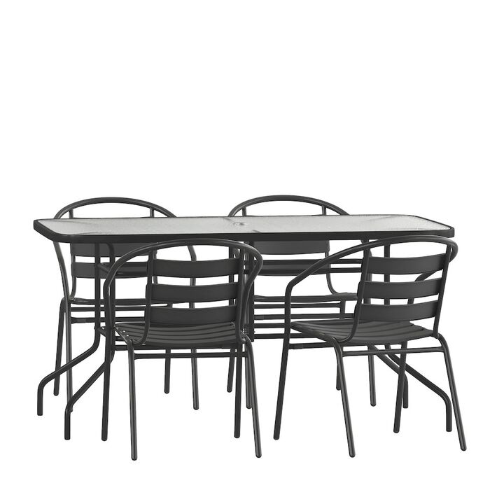 Flash Furniture 5 Piece Set - 55" Tempered Glass Patio Table - 4 Black Metal Chairs
