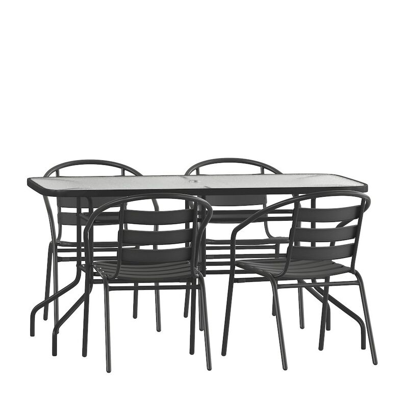 Flash Furniture 5 Piece Set - 55" Tempered Glass Patio Table - 4 Black Metal Chairs image number 0
