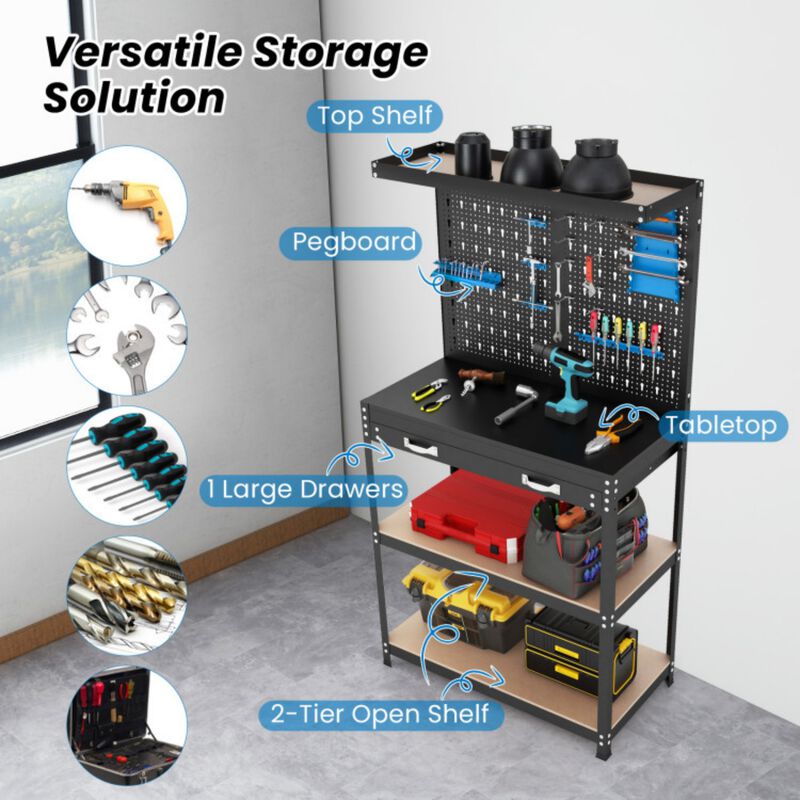 Tool Storage Workbench with Pegboard with 14 Hanging Accessories for Garage image number 5