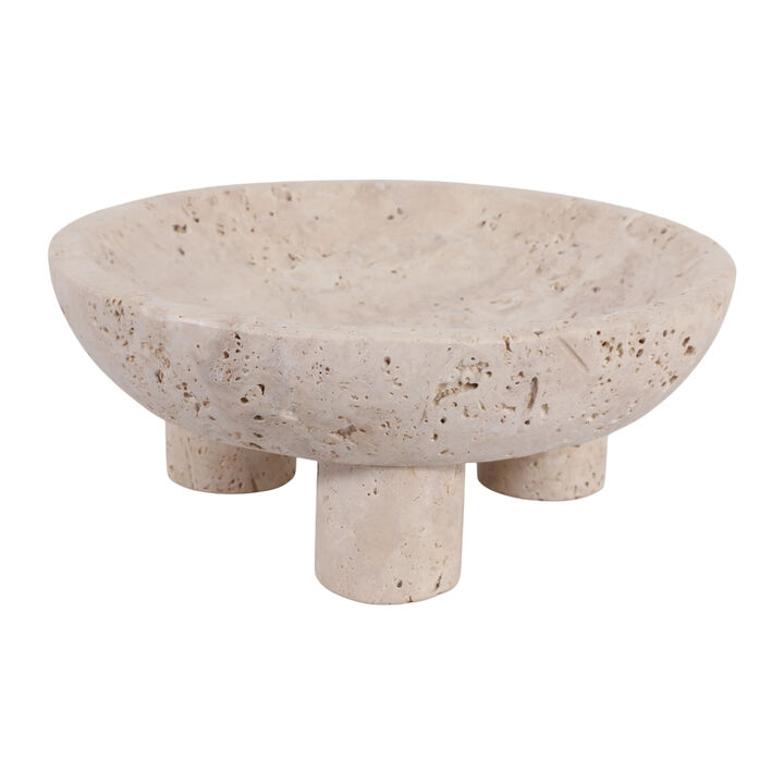 10" Travertine Footed Bowl, Tan
