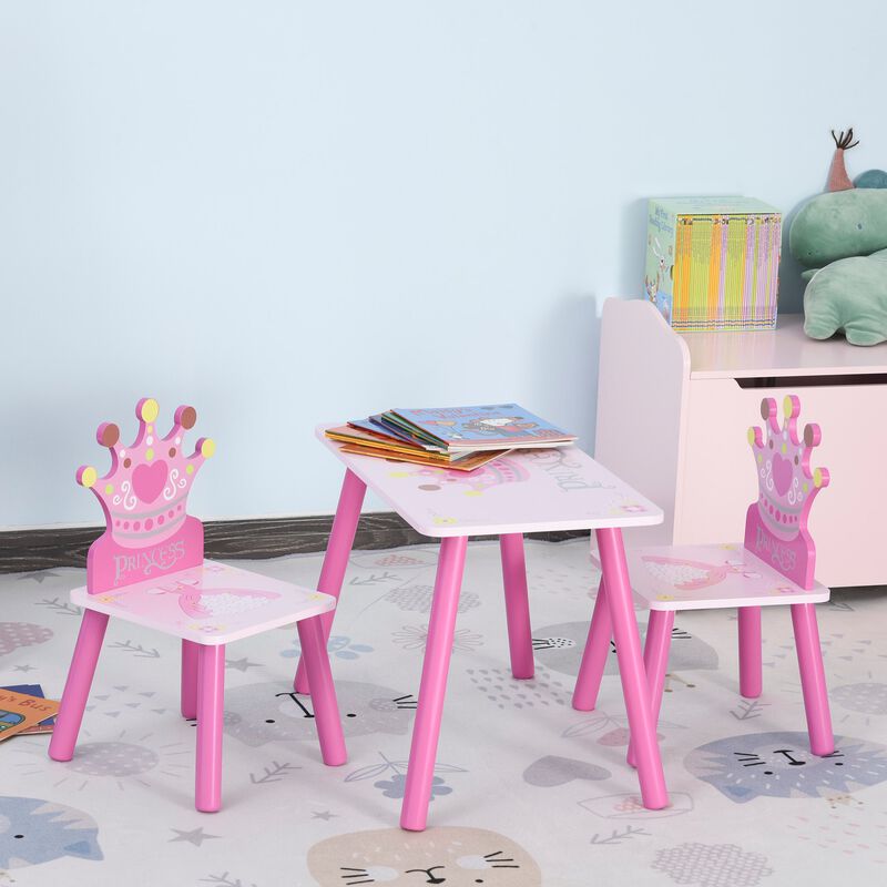 Pink Princess Set: Kids 3-Piece Wood Table and Chair with Crown Pattern