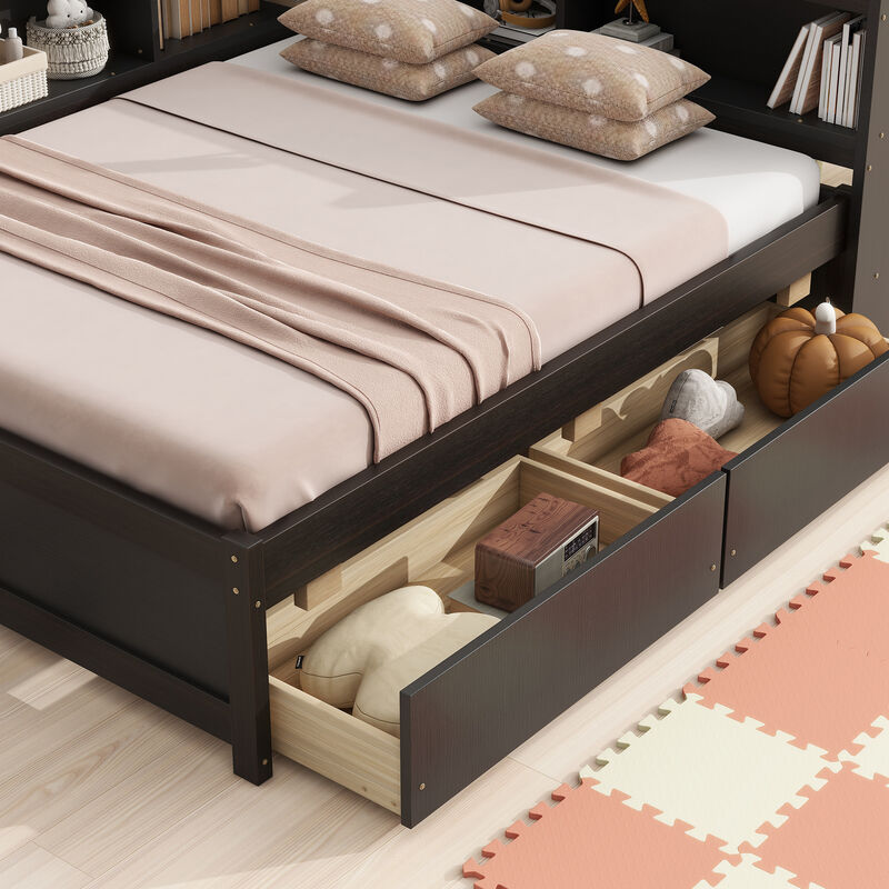 Whisen Full Size L-shaped Bookcases Bed with Power Outlets, USB Charging Ports,Two Drawers image number 5