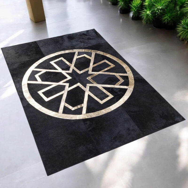 Black Cowhide Patchwork Rug Gold Geometric Design image number 4