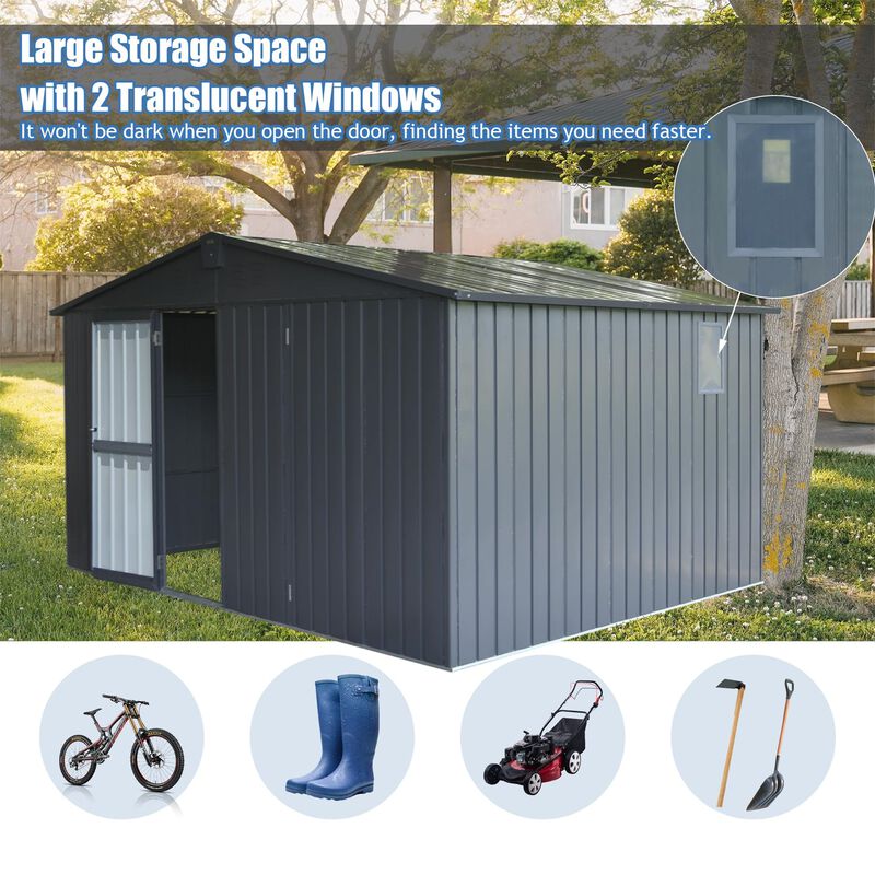 CLIHOME 11x9Ft Patio Galvanized Steel Frame Storage Shed,Garden Shed Metal Utility Tool Storage Room with Double Lockable Doors image number 5