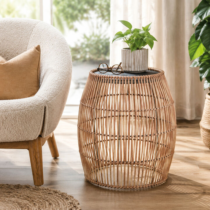 Teamson Bamboo Outdoor Side Table with Black Iron Frame, Round Boho Accent End Table for Patio, Balcony, Garden & Indoor Living