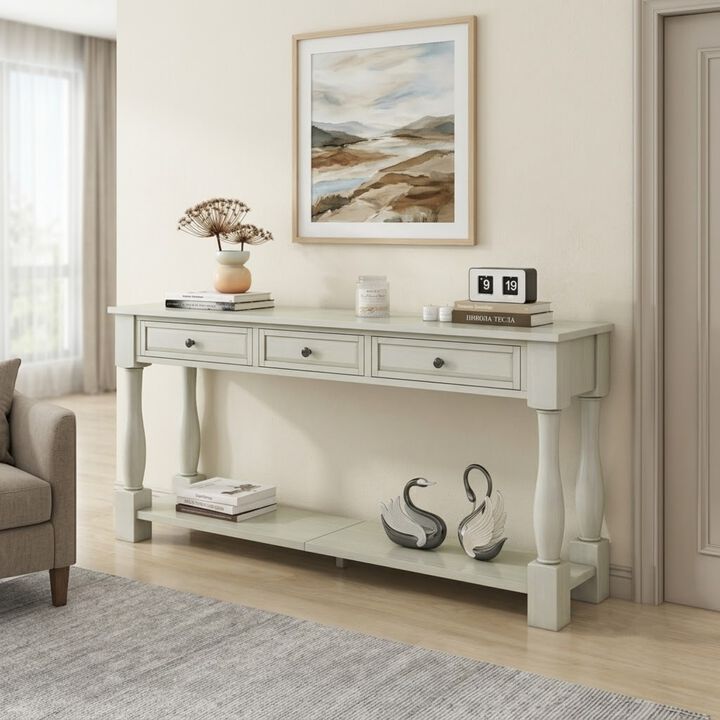 Whisen 63" Mediterranean Console Table with 3 Drawers & Shelf, Solid Wood, Entryway Table for Living Room Hallway