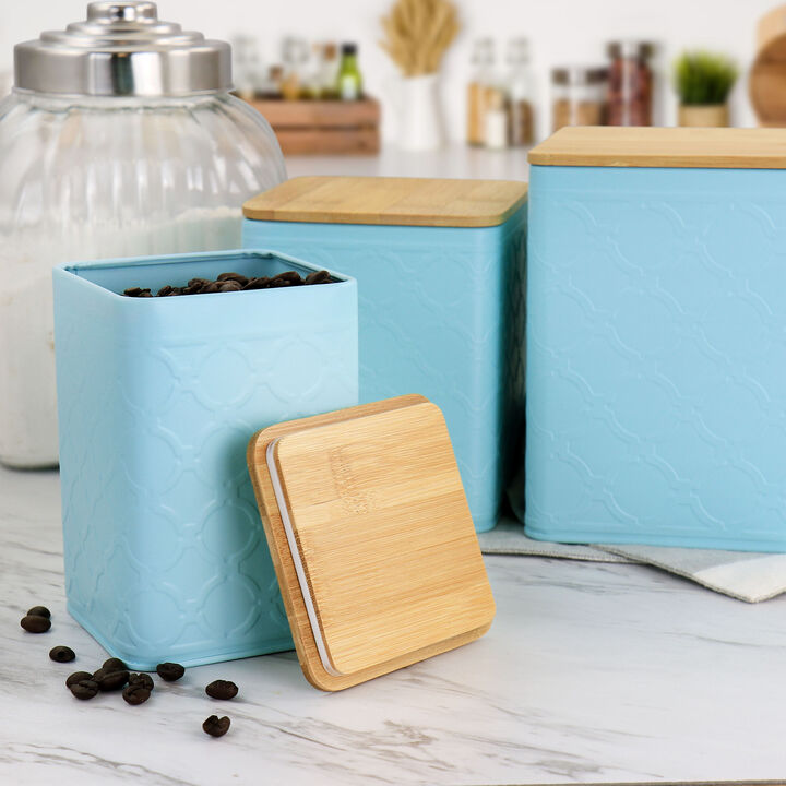 MegaChef 3 Piece Square Iron Kitchen Canister Set with Bamboo Lids in Turquoise