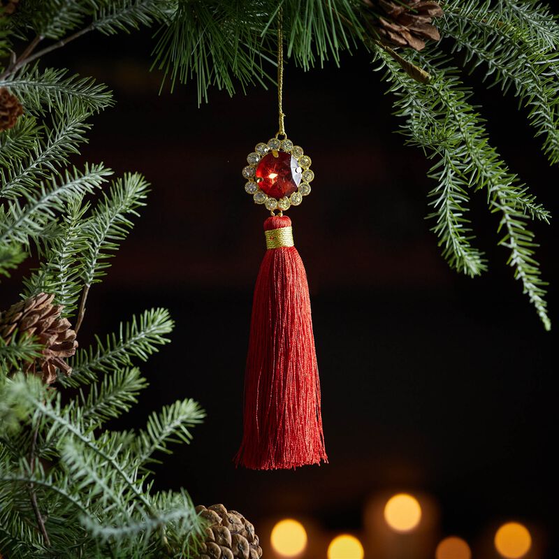 Holiday Jewel Tassel Ornaments (Set of 6) – Elegant Christmas Tree Decorations with Gem Accents and Decorative Tassels
