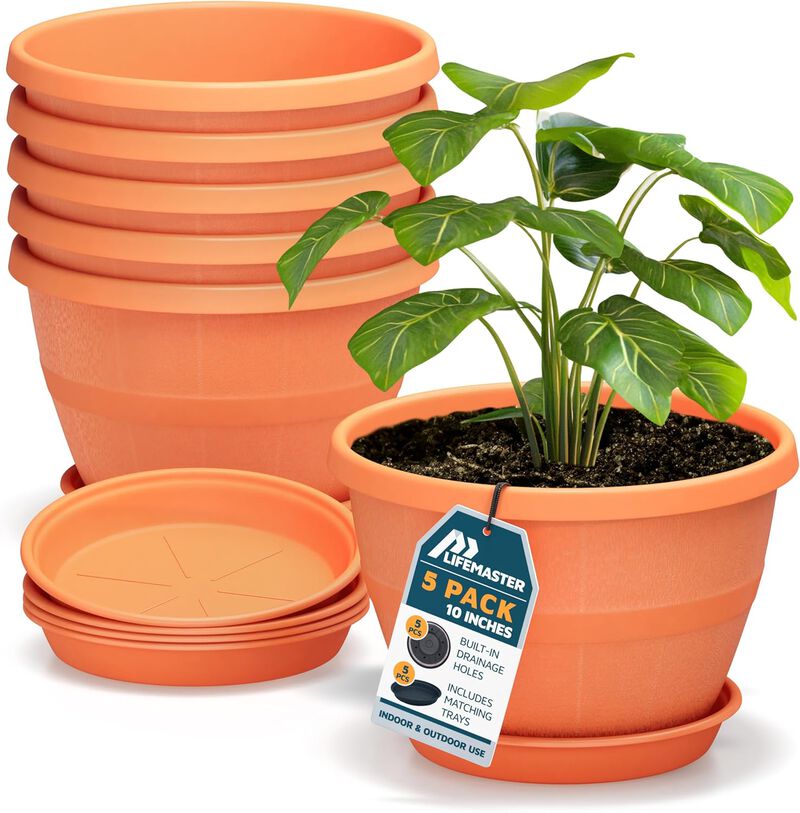 10-Inch Whiskey Barrel Planters Outdoor Pack of 5 - Durable Plastic Plant Pots for Indoor & Outdoor Use with Drainage & Saucer, Lightweight Rustic Barrel Planters for Flowers, Herbs & Small Plants image number 0