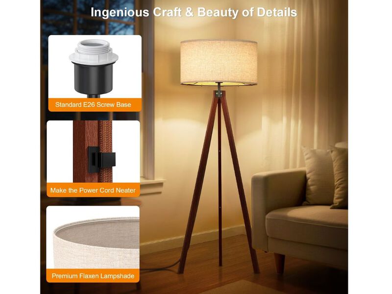 Mid-Century Tripod Floor Lamp – Wood Base, Flaxen Linen Shade, E26 Socket