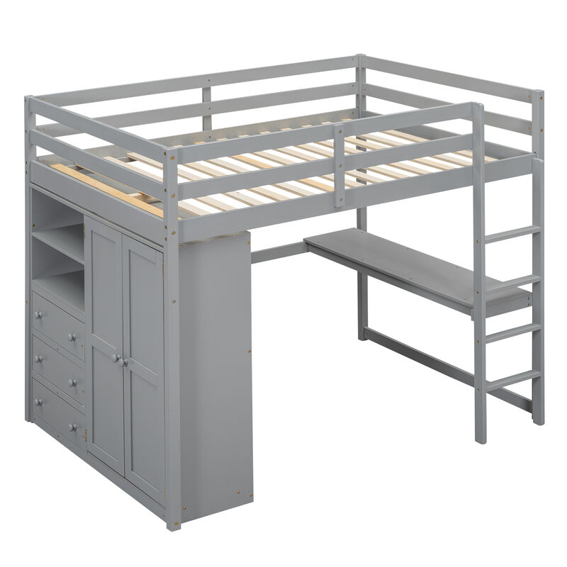 Whisen Wood Full Size Loft Bed with Built-in Wardrobe, Desk, Storage Shelves and Drawers- Grey