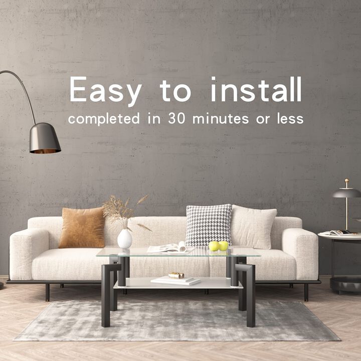 IANIYA Glass Coffee Table Black Rectangle Tempered Metal Tube Legs for Livingroom