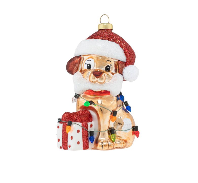 4.5" Puppy Present with Santa Hat Christmas Ornament