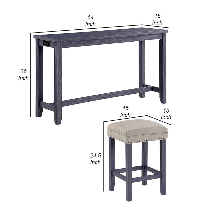 Eala 4 Piece Counter Height Table and Stool Set, Blue Wood, Gray Fabric-Benzara