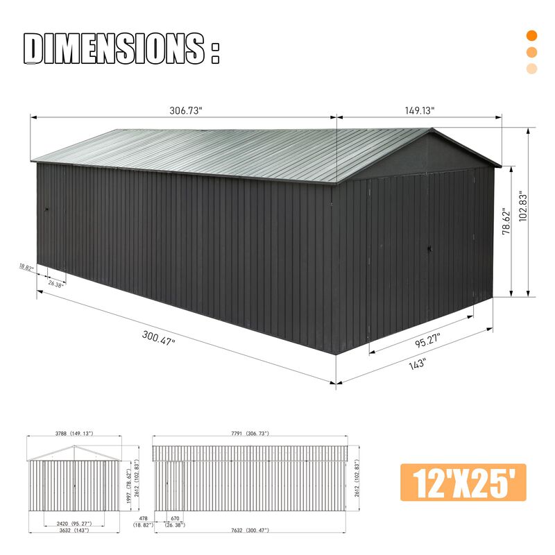 Mondawe 12x25FT Outdoor Metal Garage Shed, Extra Large Metal Carport with Lockable Double Hinged Doors image number 9