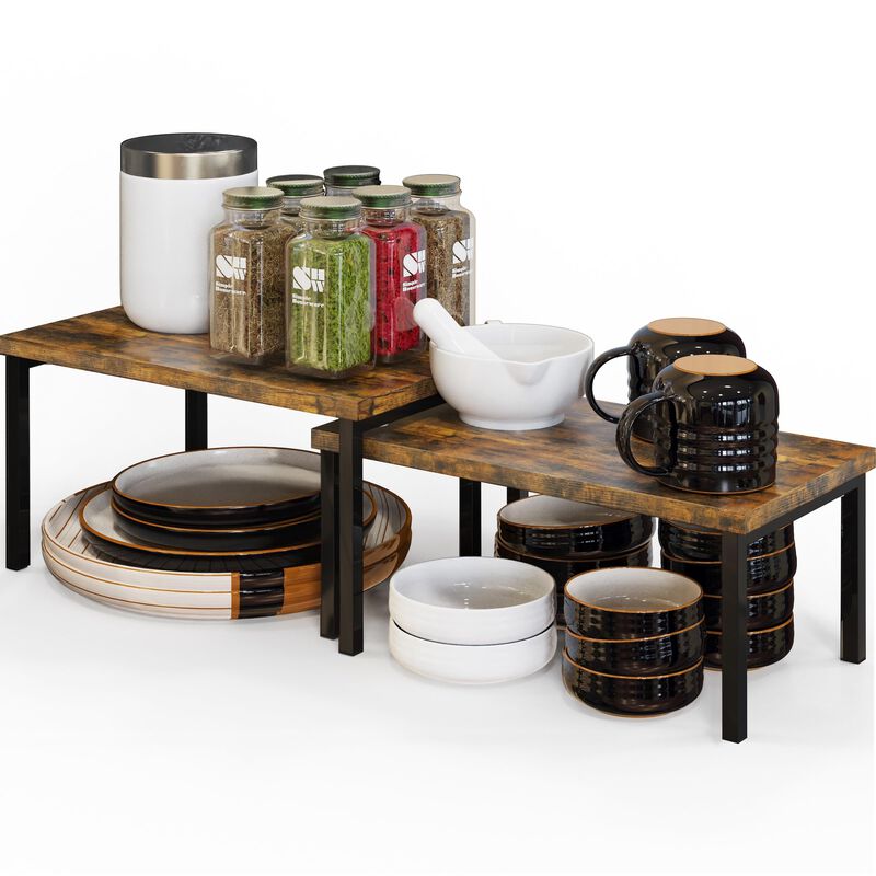 Simple Houseware Wooden Top Expandable Stackable Kitchen Cabinet and Counter Shelf Organizer, Rustic Brown