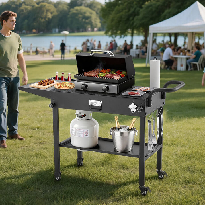 Portable Outdoor Cooking Table Foldable Grill Cart with Hooks Storage