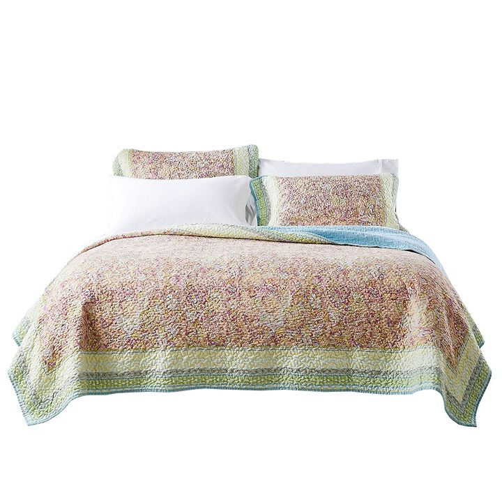 Denver 3 Piece Queen Cotton Quilt Set with Fern Branches Print, Multicolor - Benzara