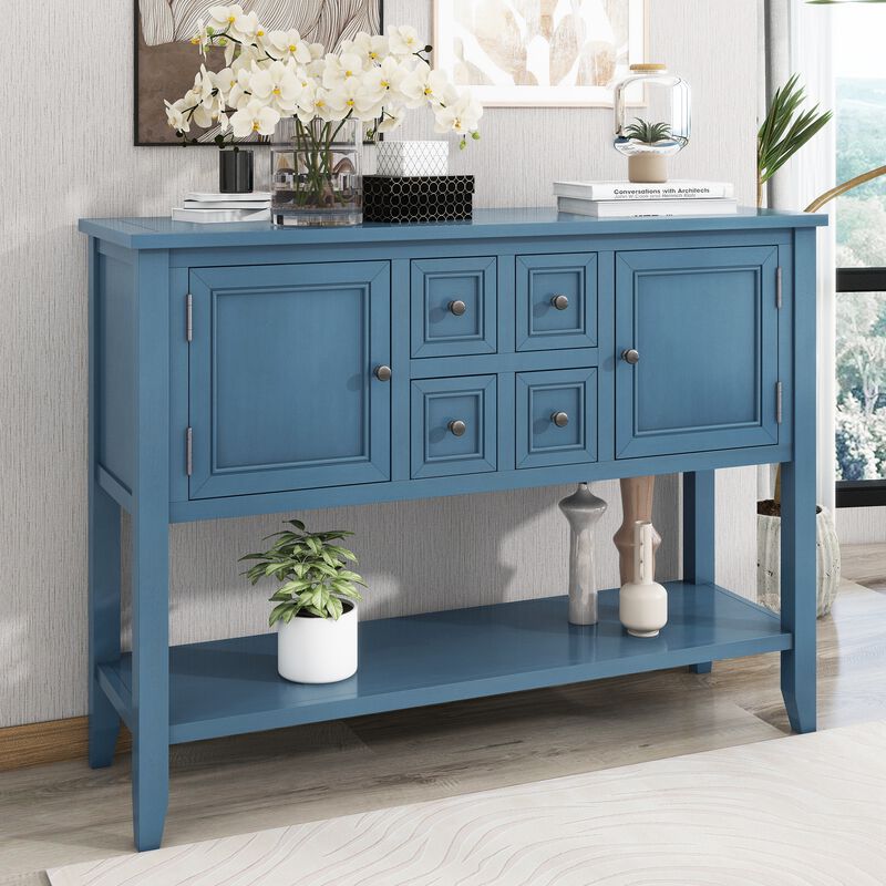 Whisen Vintage Console Table with Four Small Drawers and Bottom Shelf for Living Rooms, Entrances and Kitchens - Retro Blue