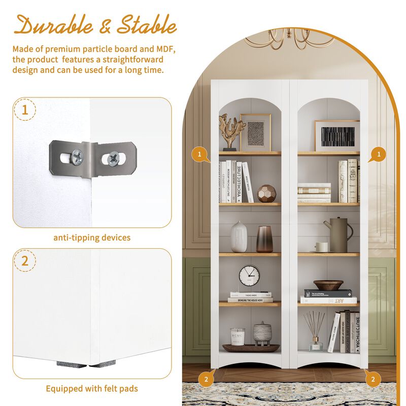 Free Standing 5 Tier Bookshelves, Bookcases Set of 2, Farmhouse Two-Tone Storage Cabinet with Adjustable Shelves, Modern 72"H Kitchen Pantry Cabinet for Living Room, Home Office, White