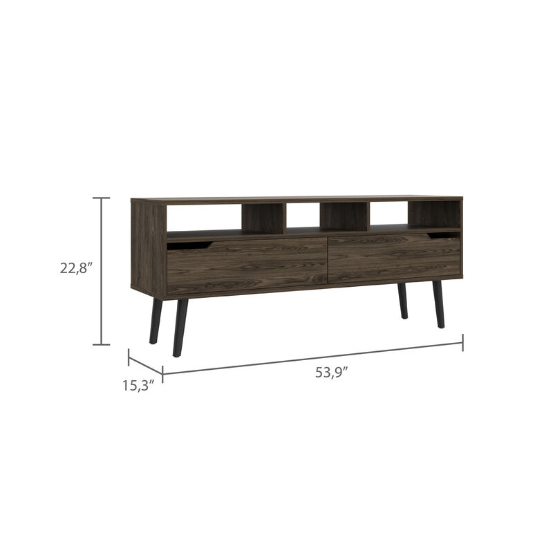 DEPOT E-SHOP Kobe Tv Stand for TV´s up 52", Three Open Shelves, Two Flexible Drawers, Dark Walnut