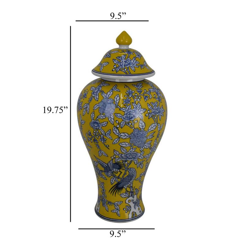 Chris Decorative Jar, Yellow Bird and Floral, Blue Ceramic 20 Inch - Benzara