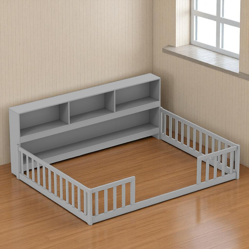 Montessori Floor Bed with Bookcase, Kids' Bed with Storage for Easy Access