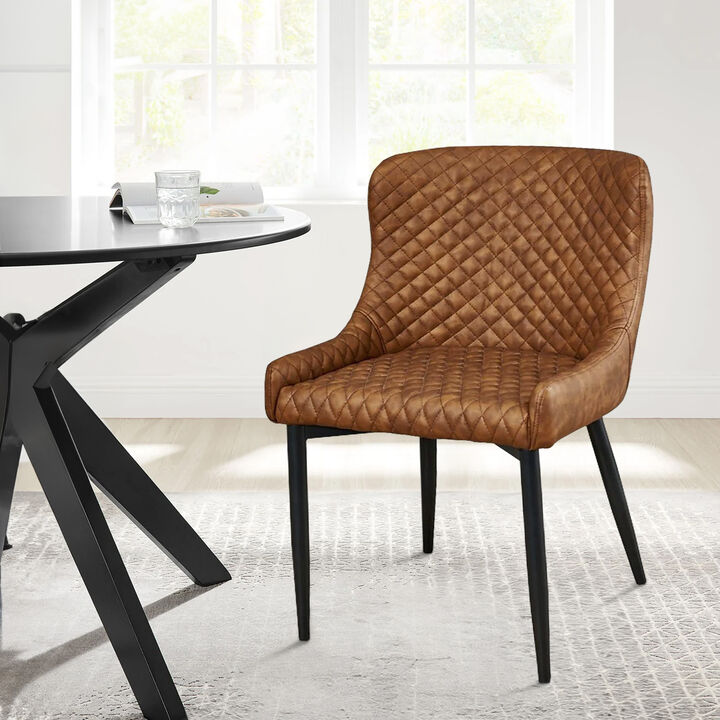 Tom 16 Inch Modern Dining Chair, Faux Leather Upholstery, Metal Legs, Brown-Benzara