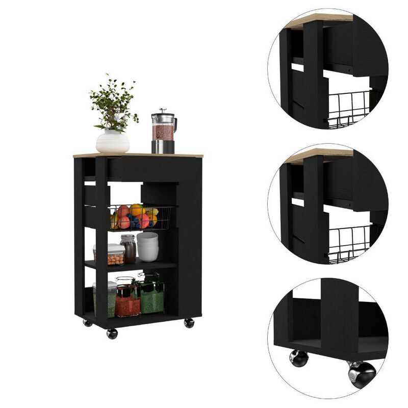 DEPOT E-SHOP Rosemont Kitchen Cart, Two Open Shelves, Rack, Four Caster Wheels, One Drawer-Black-Light Oak, For Kitchen