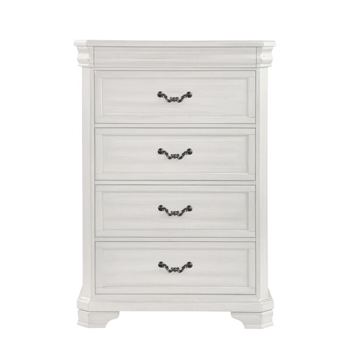Lynda Tall Dresser Chest, 4 Drawers, Classic White Solid Acacia Wood - Benzara