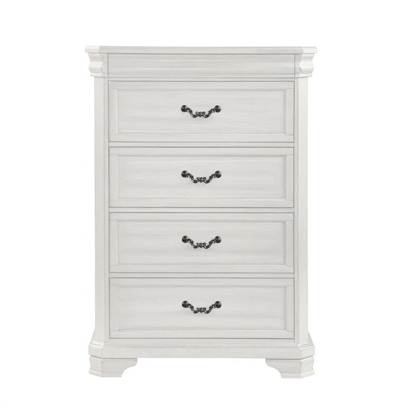 Lynda Tall Dresser Chest, 4 Drawers, Classic White Solid Acacia Wood - Benzara image number 1