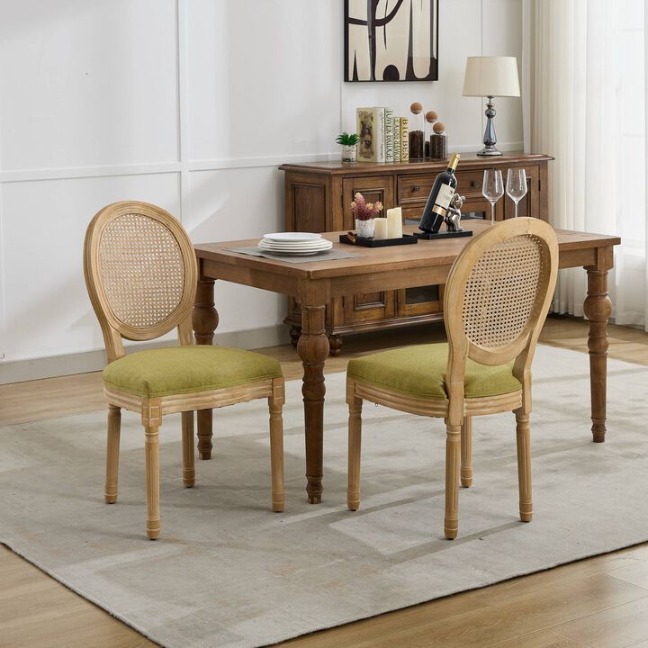 Whisen French Style Dining Chair, Solid Rubberwood Frame with Linen Upholstery and Rattan Back, Armless Set of 2 for Living Room Kitchen