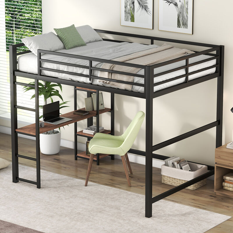 Merax Metal Loft Bed with Built-in Desk and Storage Shelves