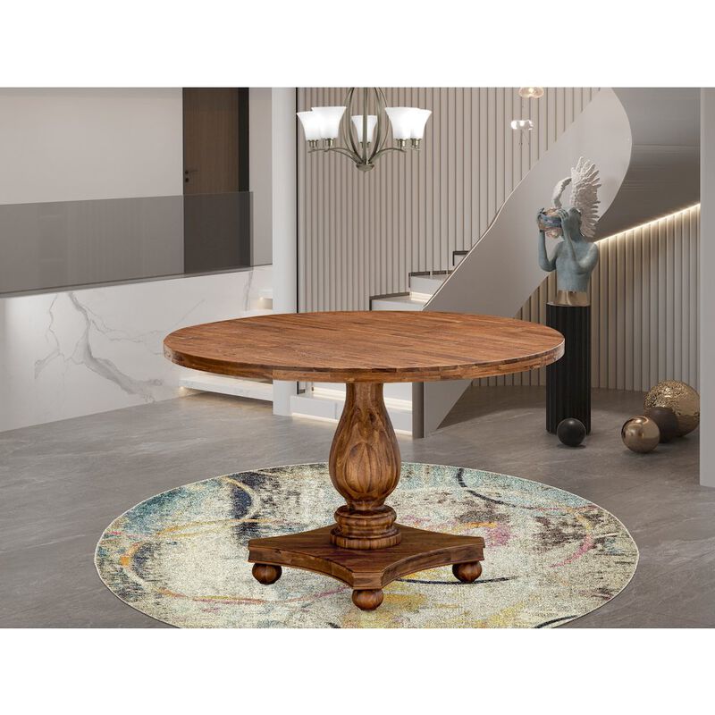 East West Furniture IRVING Round Dining Table with Pedestal, Rustic Rubberwood Table in Sandblasting Antique Walnut