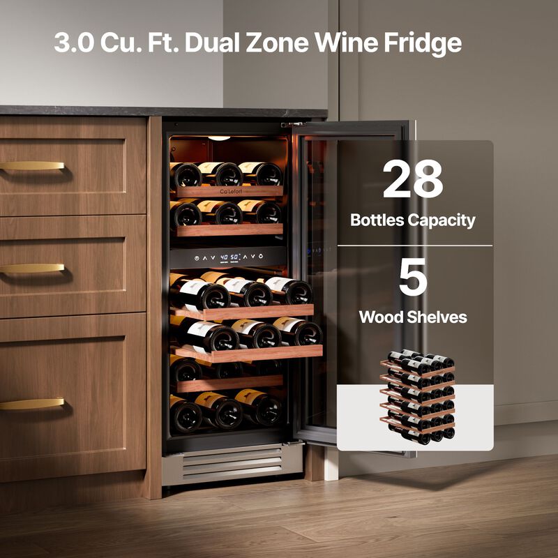 Wine Fridge 15 Inch 28 Bottle Wine Refrigerator, 40-65&deg;F Dual Zone Wine cooler,3 Color LED,Built-in for Home/Bar image number 1