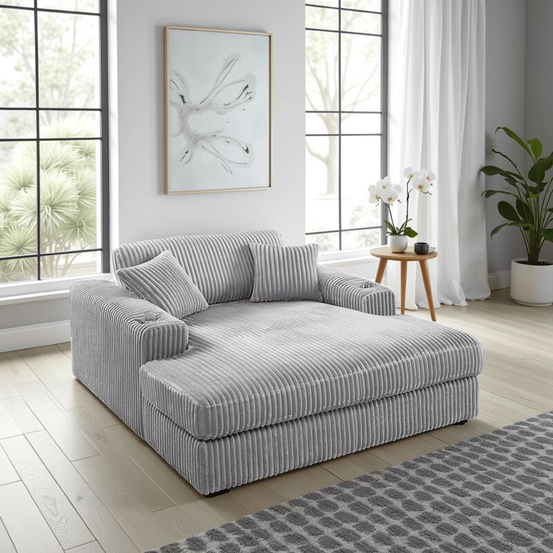 Liny Oversized Chaise, 2 Cupholders, 2 Pillows, Beige Velvet Corduroy - Benzara