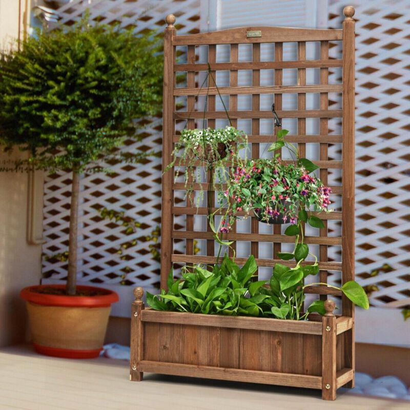 Hivvago Solid Free Standing Wood Planter Box with Trellis for Garden